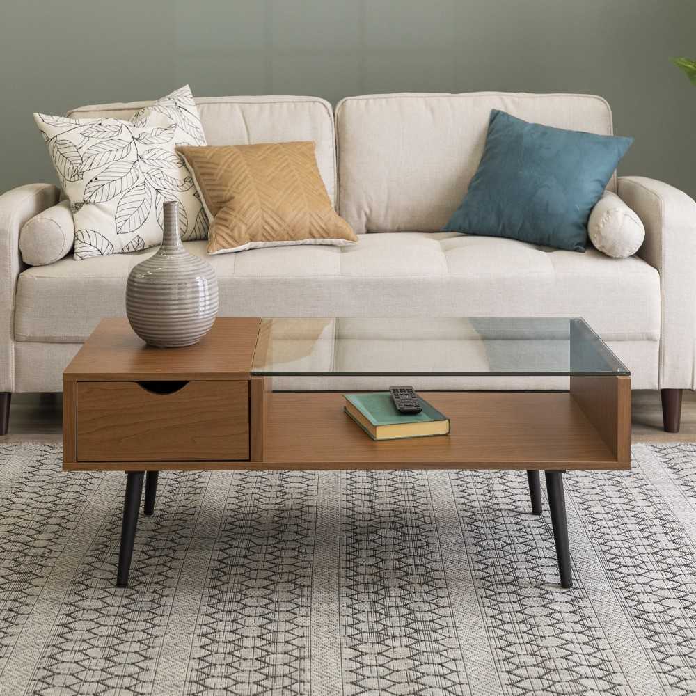 Juniper Mid Century Modern Wood and Glass Coffee Table - Pecan