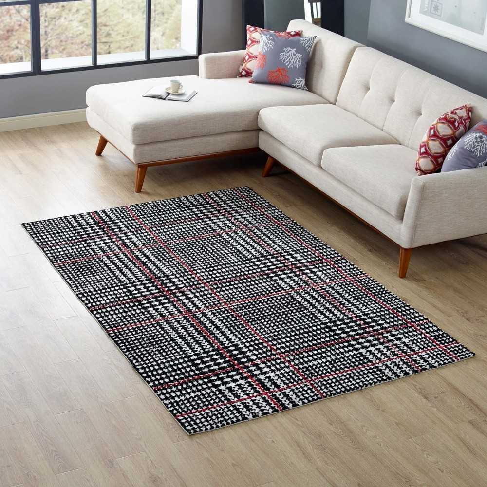 Kaja Abstract Plaid 5x8 Area Rug, Ivory, Black and Red