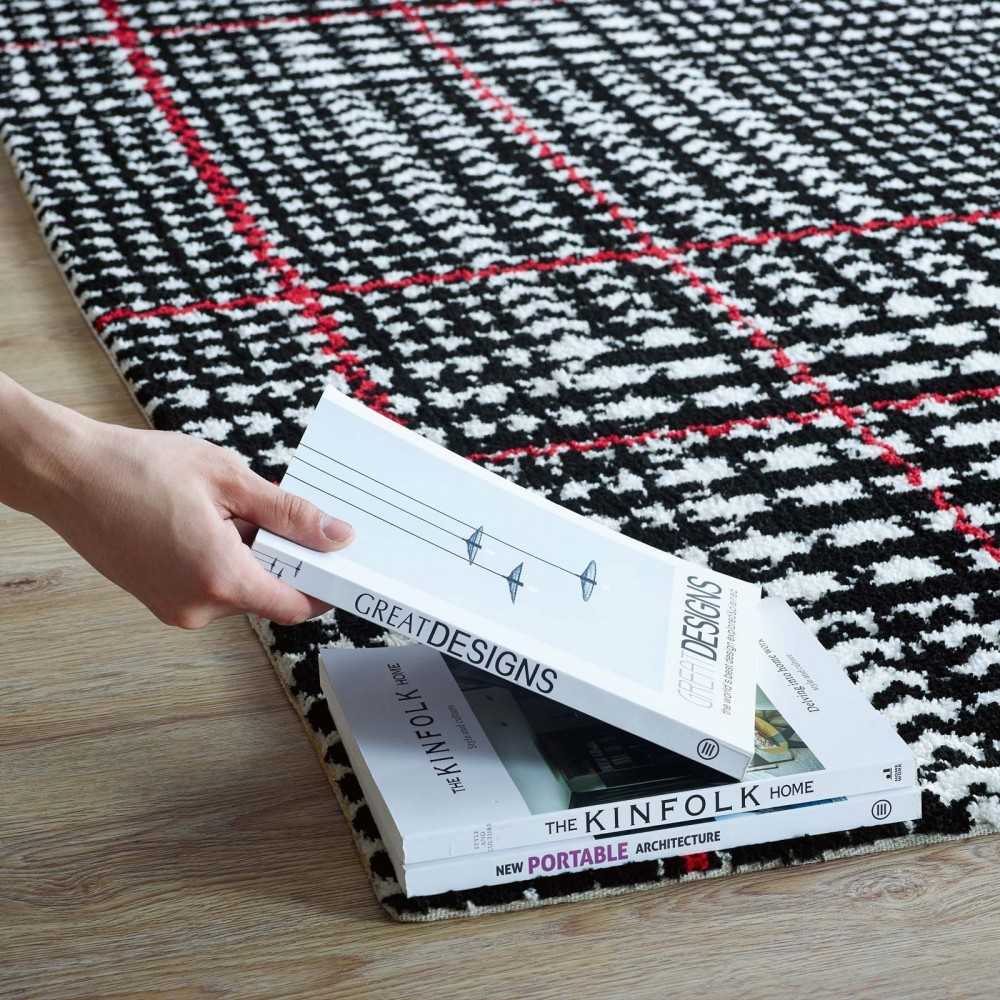 Kaja Abstract Plaid 5x8 Area Rug, Ivory, Black and Red