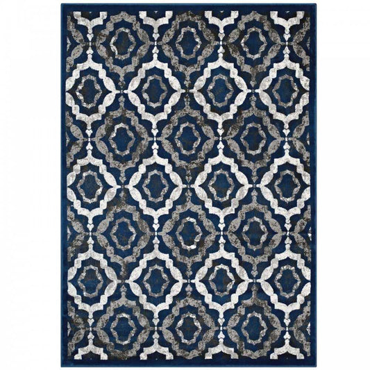Kalinda Rustic Vintage Moroccan Trellis 5x8 Area Rug, Ivory, Moroccan Blue and Brown