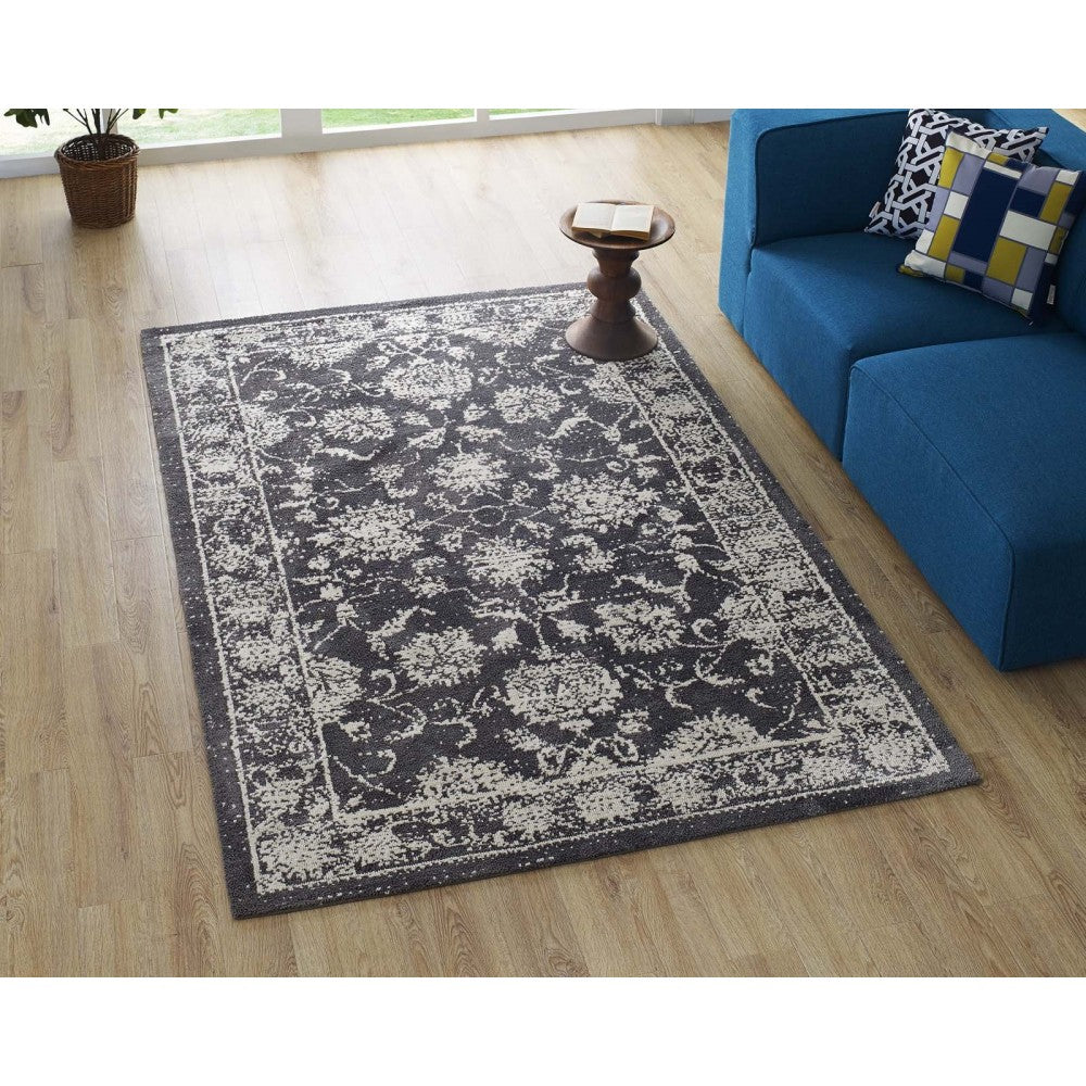 Kazia Distressed Floral Lattice 5x8 Area Rug, Dark Gray and Ivory