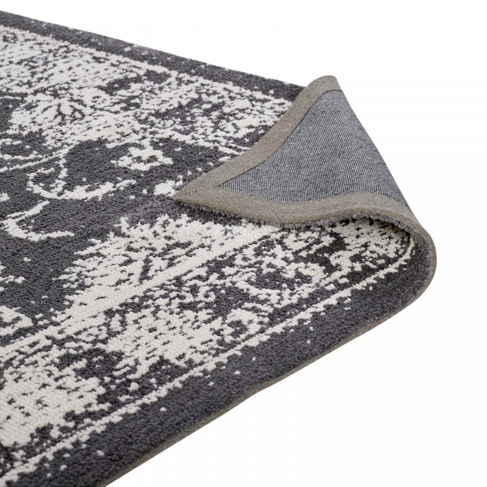 Kazia Distressed Floral Lattice 5x8 Area Rug, Dark Gray and Ivory