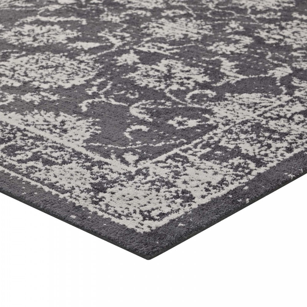 Kazia Distressed Floral Lattice 5x8 Area Rug, Dark Gray and Ivory