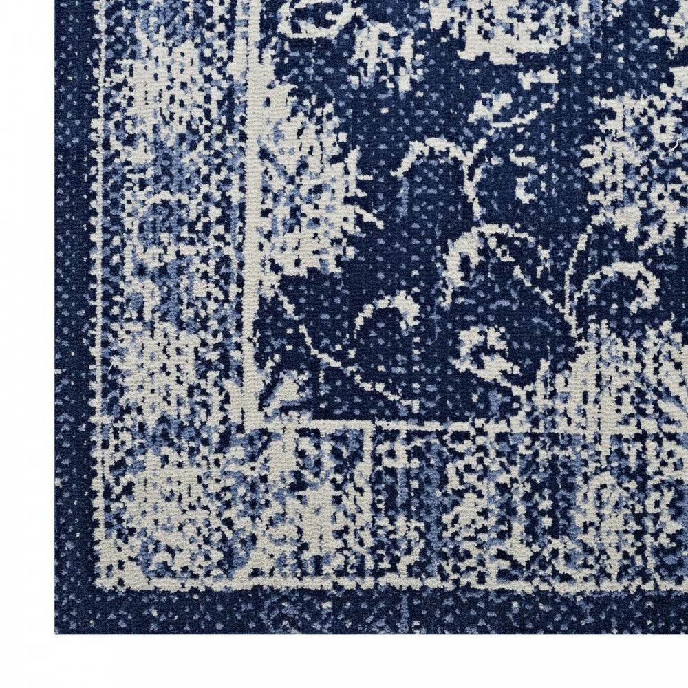 Kazia Distressed Floral Lattice 8x10 Area Rug, Dark Blue and Ivory