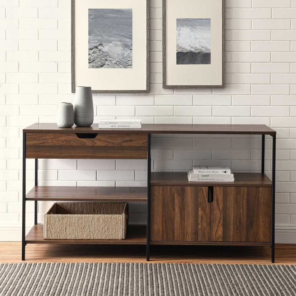 Keaton 58" 1 Drawer, 2 Door Storage Shelf - Dark Walnut