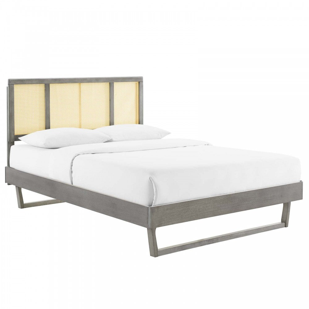 Kelsea Cane and Wood Full Platform Bed With Angular Legs, Gray