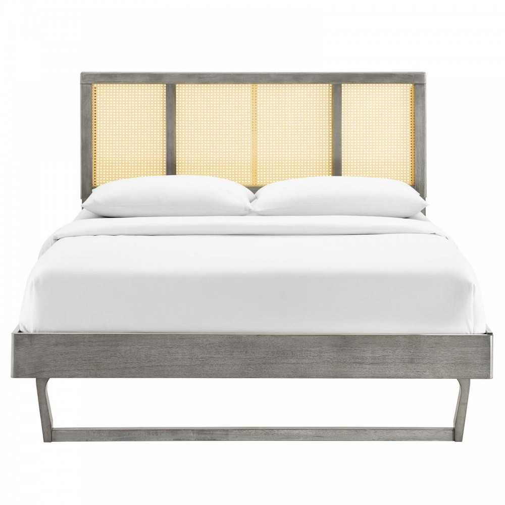 Kelsea Cane and Wood Full Platform Bed With Angular Legs, Gray