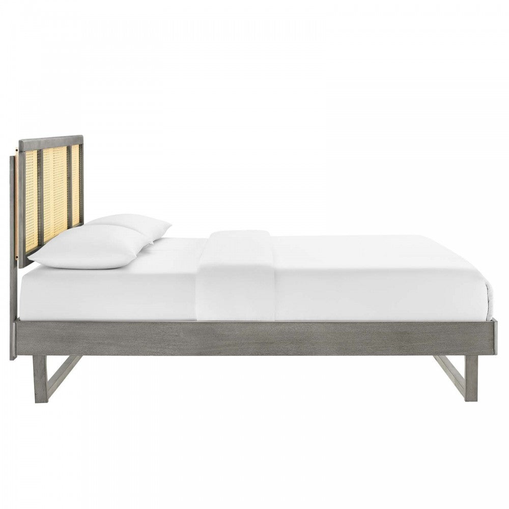 Kelsea Cane and Wood Full Platform Bed With Angular Legs, Gray