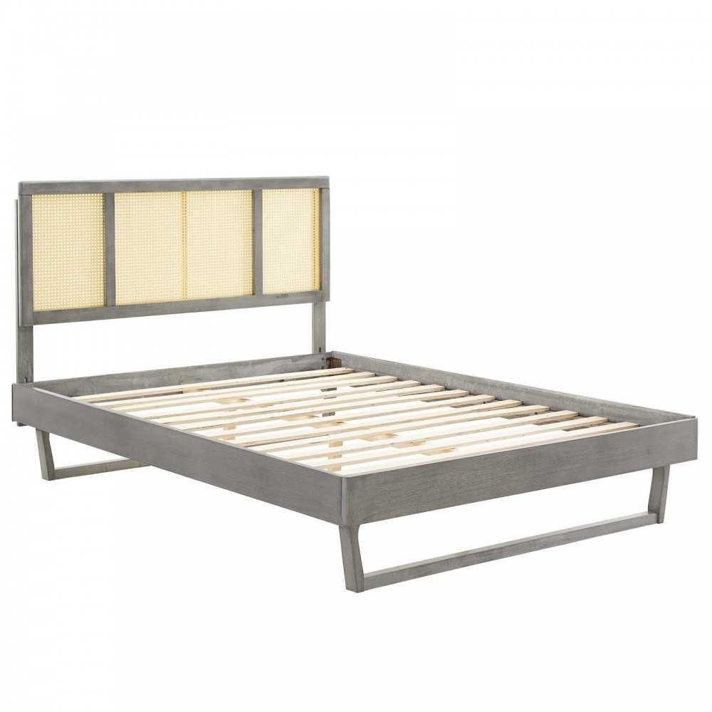 Kelsea Cane and Wood Full Platform Bed With Angular Legs, Gray