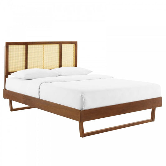 Kelsea Cane and Wood Full Platform Bed With Angular Legs, Walnut