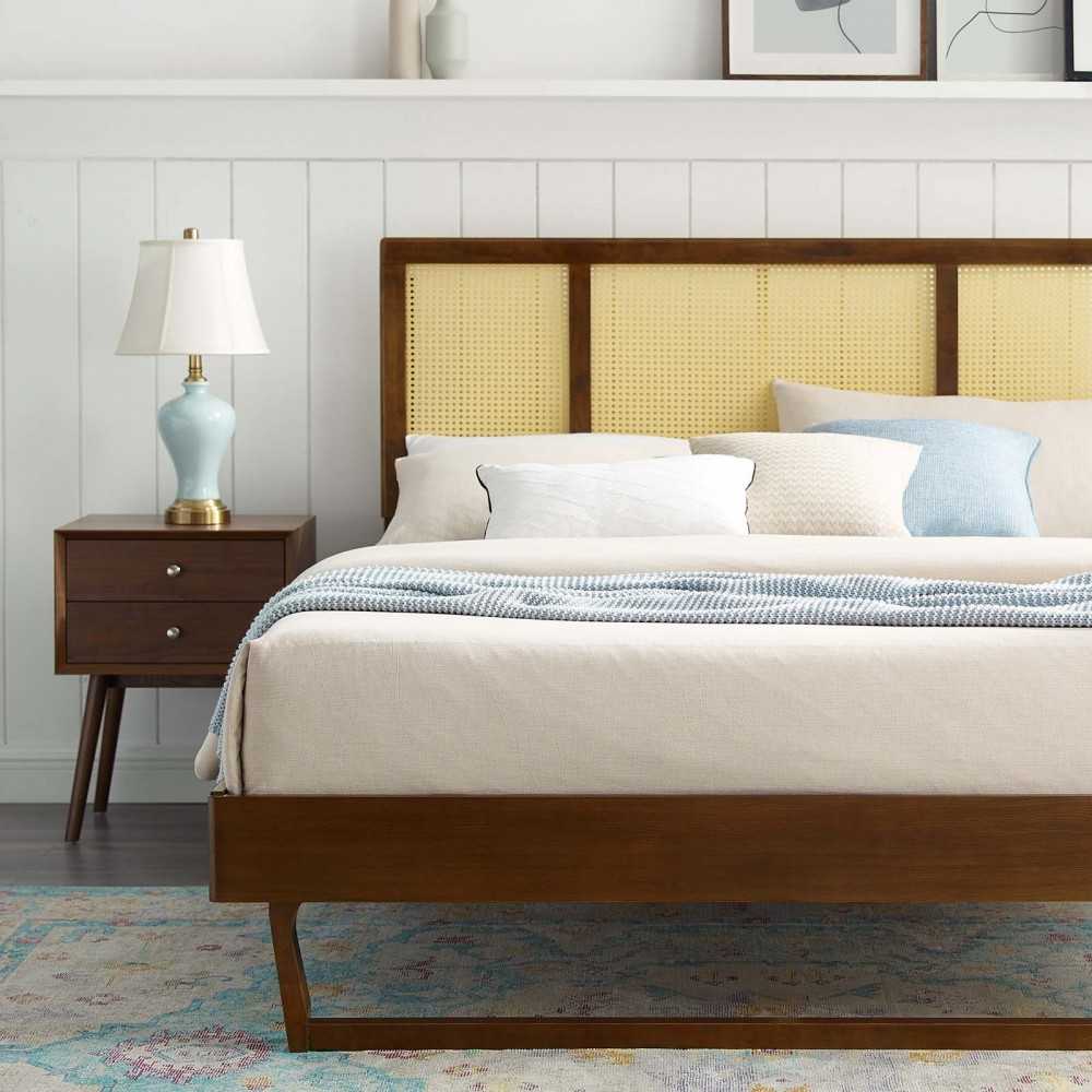 Kelsea Cane and Wood Full Platform Bed With Angular Legs, Walnut