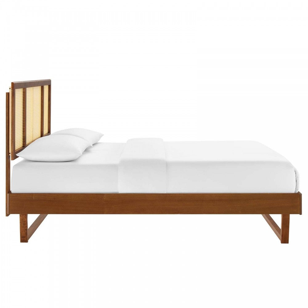 Kelsea Cane and Wood Full Platform Bed With Angular Legs, Walnut