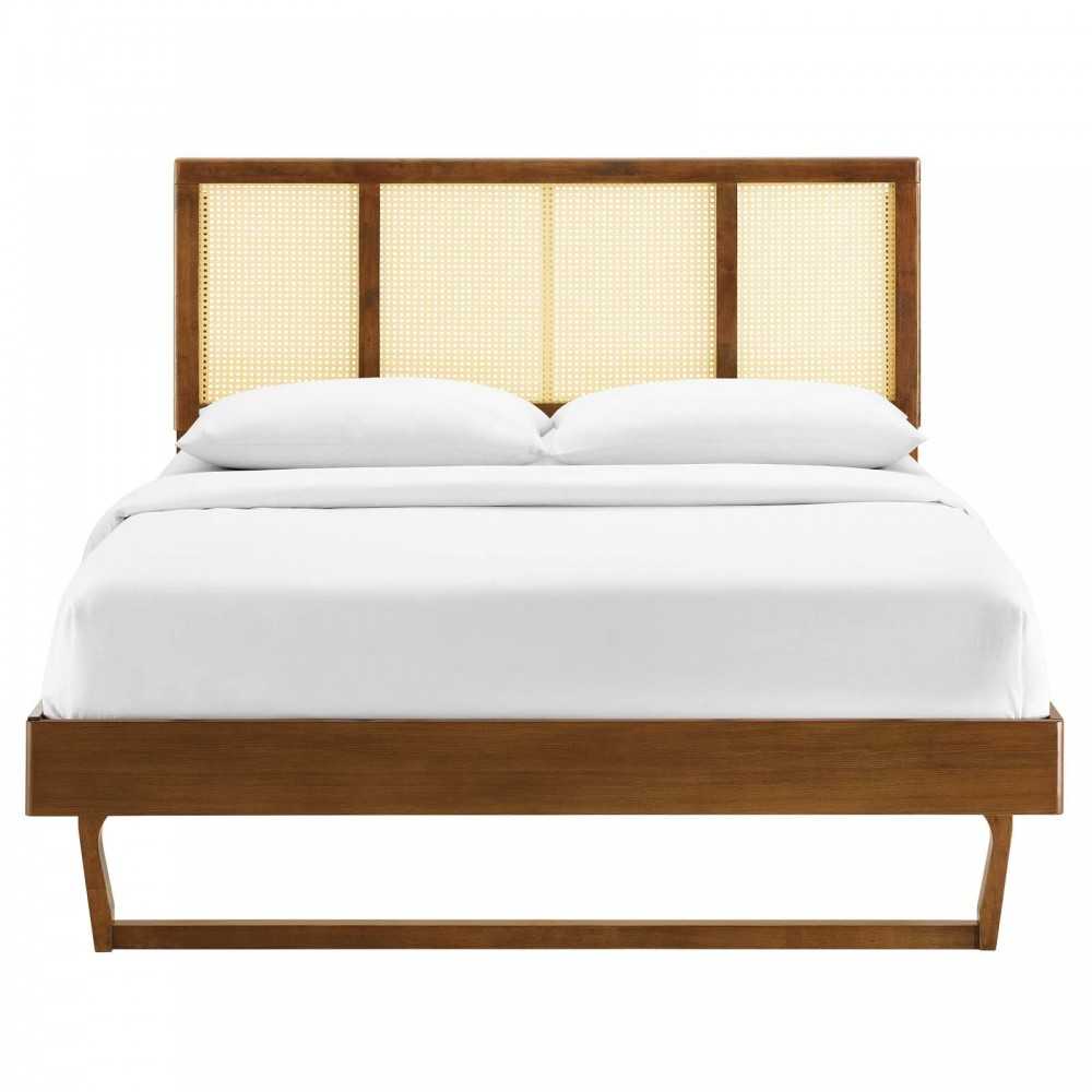 Kelsea Cane and Wood Full Platform Bed With Angular Legs, Walnut