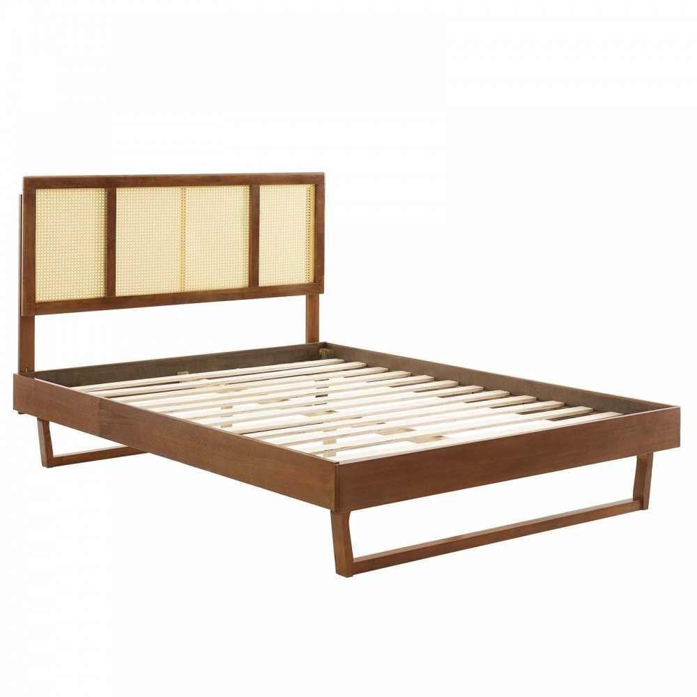 Kelsea Cane and Wood Full Platform Bed With Angular Legs, Walnut