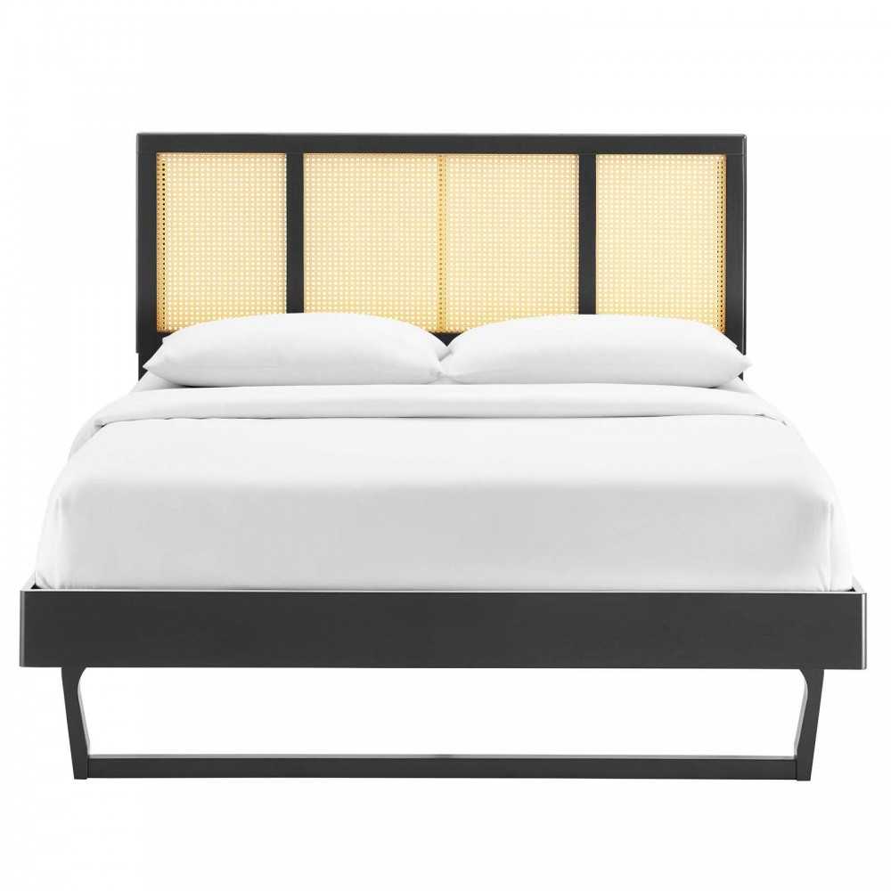 Kelsea Cane and Wood Full Platform Bed With Angular Legs, Black