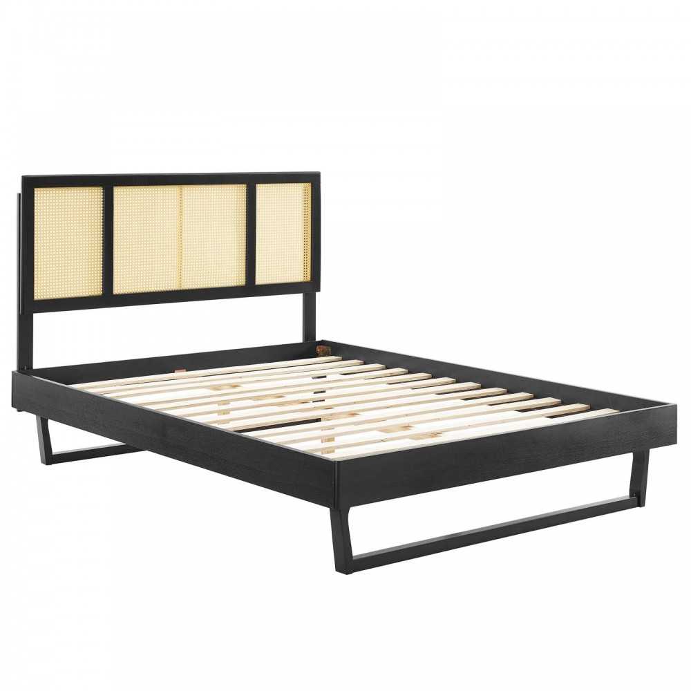 Kelsea Cane and Wood Full Platform Bed With Angular Legs, Black