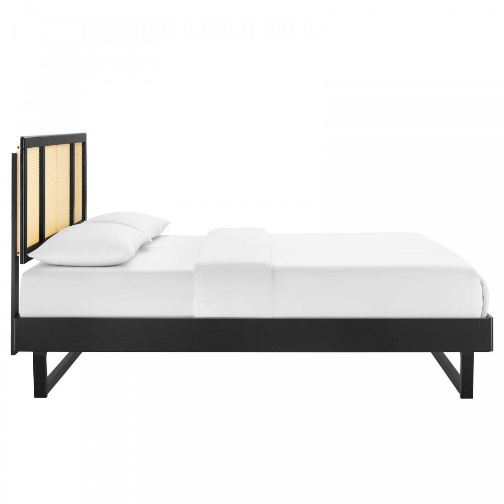 Kelsea Cane and Wood Full Platform Bed With Angular Legs, Black