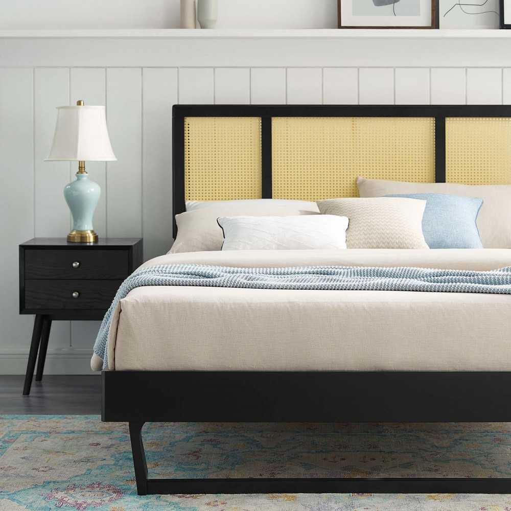 Kelsea Cane and Wood Full Platform Bed With Angular Legs, Black