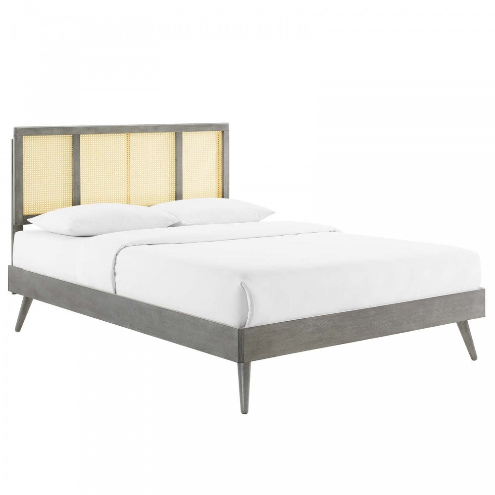 Kelsea Cane and Wood Full Platform Bed With Splayed Legs, Gray