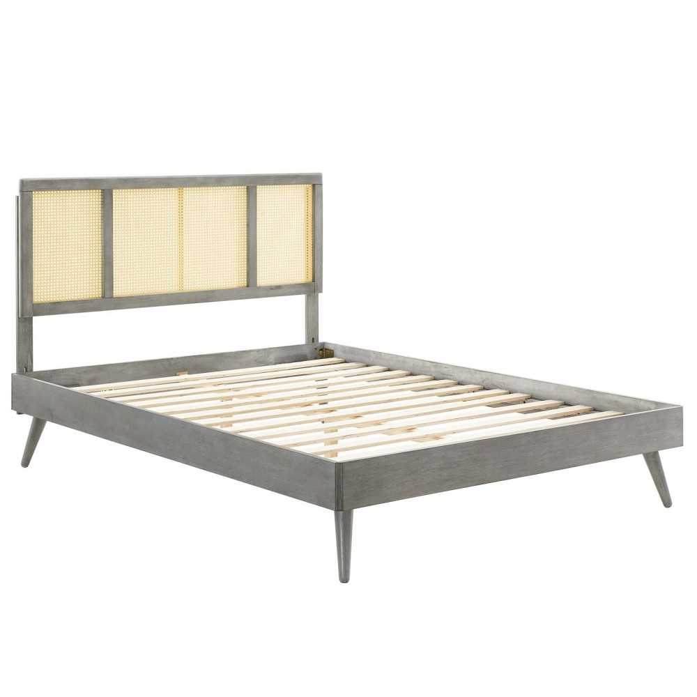 Kelsea Cane and Wood Full Platform Bed With Splayed Legs, Gray