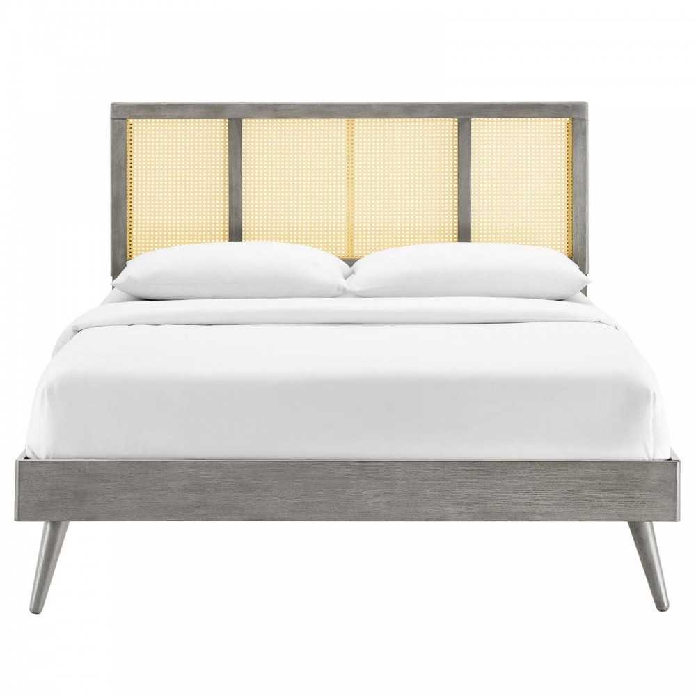 Kelsea Cane and Wood Full Platform Bed With Splayed Legs, Gray