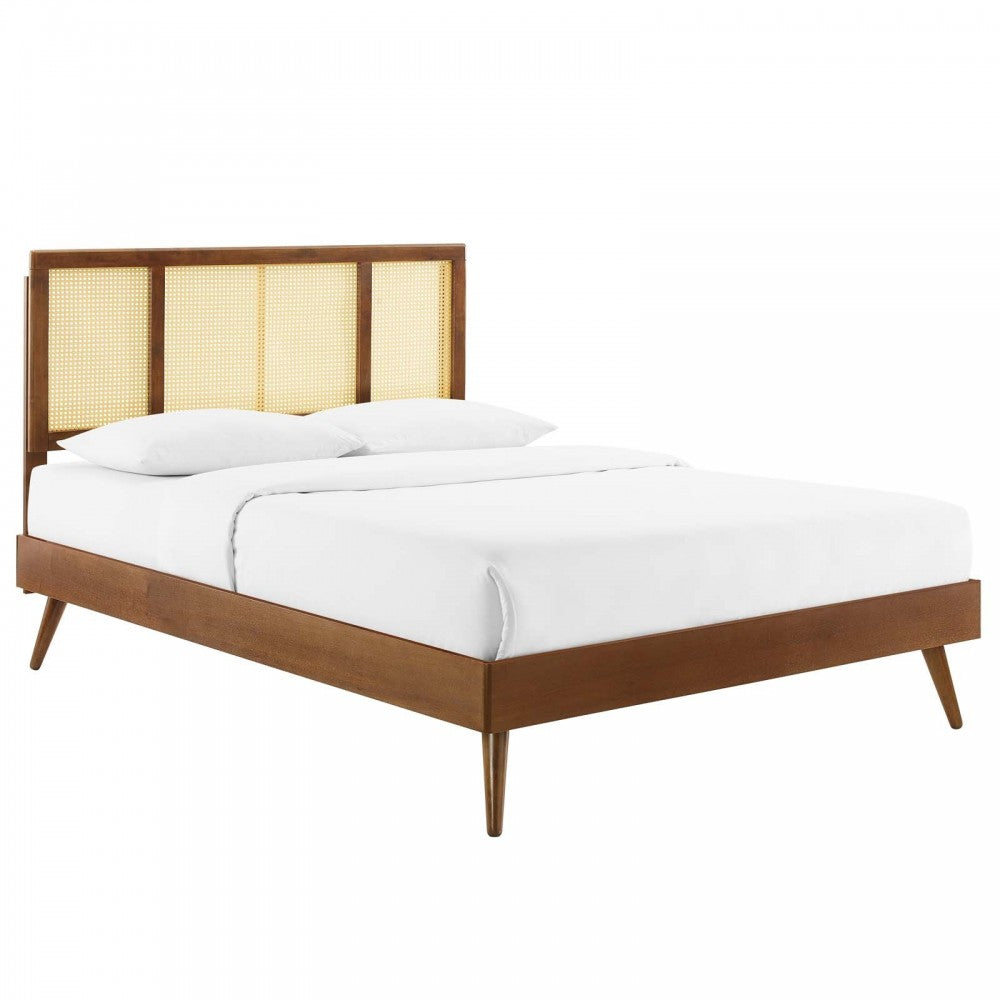 Kelsea Cane and Wood Full Platform Bed With Splayed Legs, Walnut