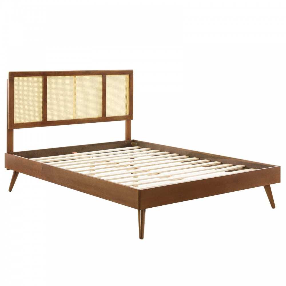 Kelsea Cane and Wood Full Platform Bed With Splayed Legs, Walnut