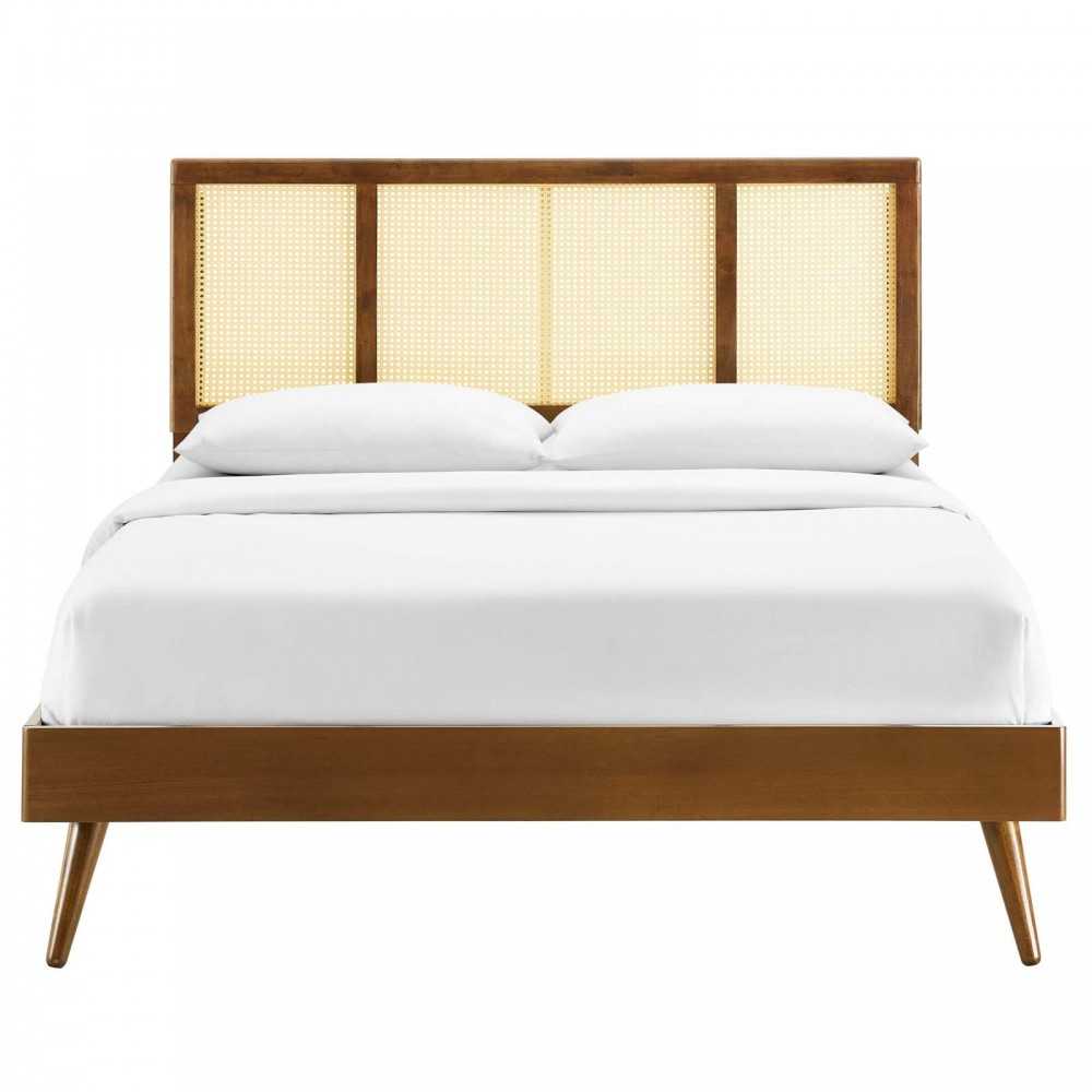 Kelsea Cane and Wood Full Platform Bed With Splayed Legs, Walnut