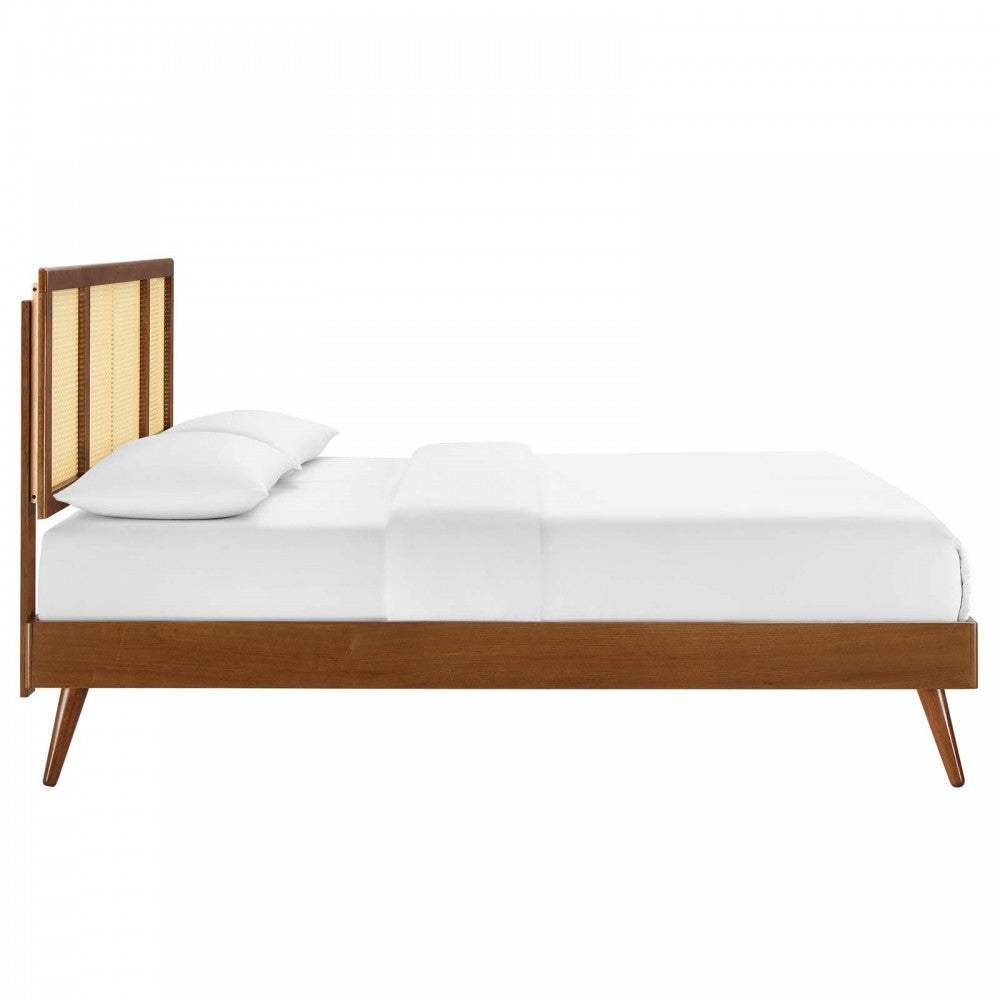 Kelsea Cane and Wood Full Platform Bed With Splayed Legs, Walnut