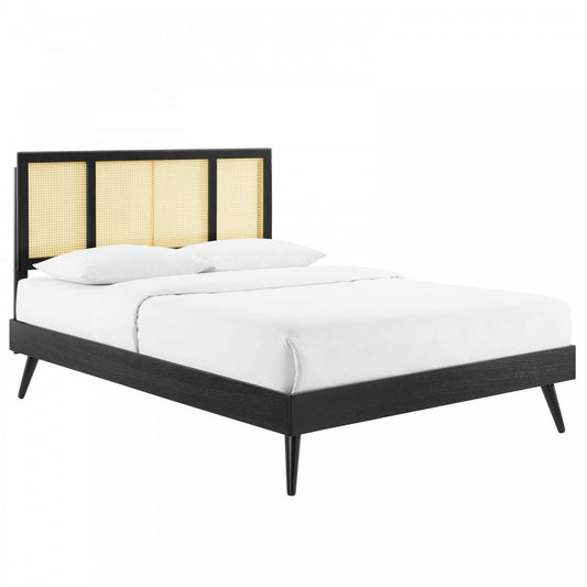 Kelsea Cane and Wood Full Platform Bed With Splayed Legs, Black