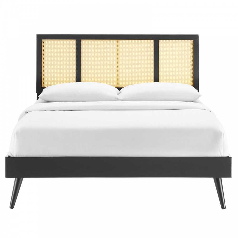 Kelsea Cane and Wood Full Platform Bed With Splayed Legs, Black