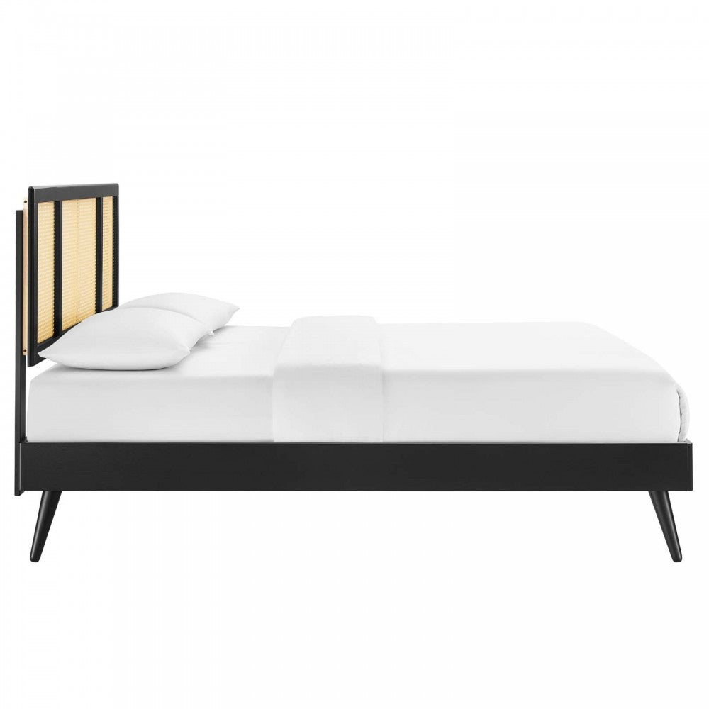 Kelsea Cane and Wood Full Platform Bed With Splayed Legs, Black