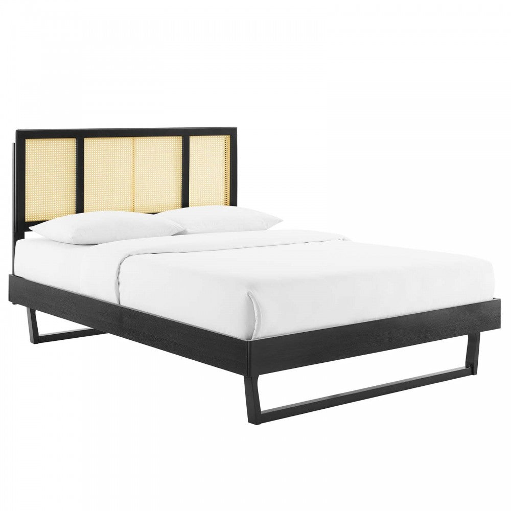 Kelsea Cane and Wood King Platform Bed With Angular Legs, Black