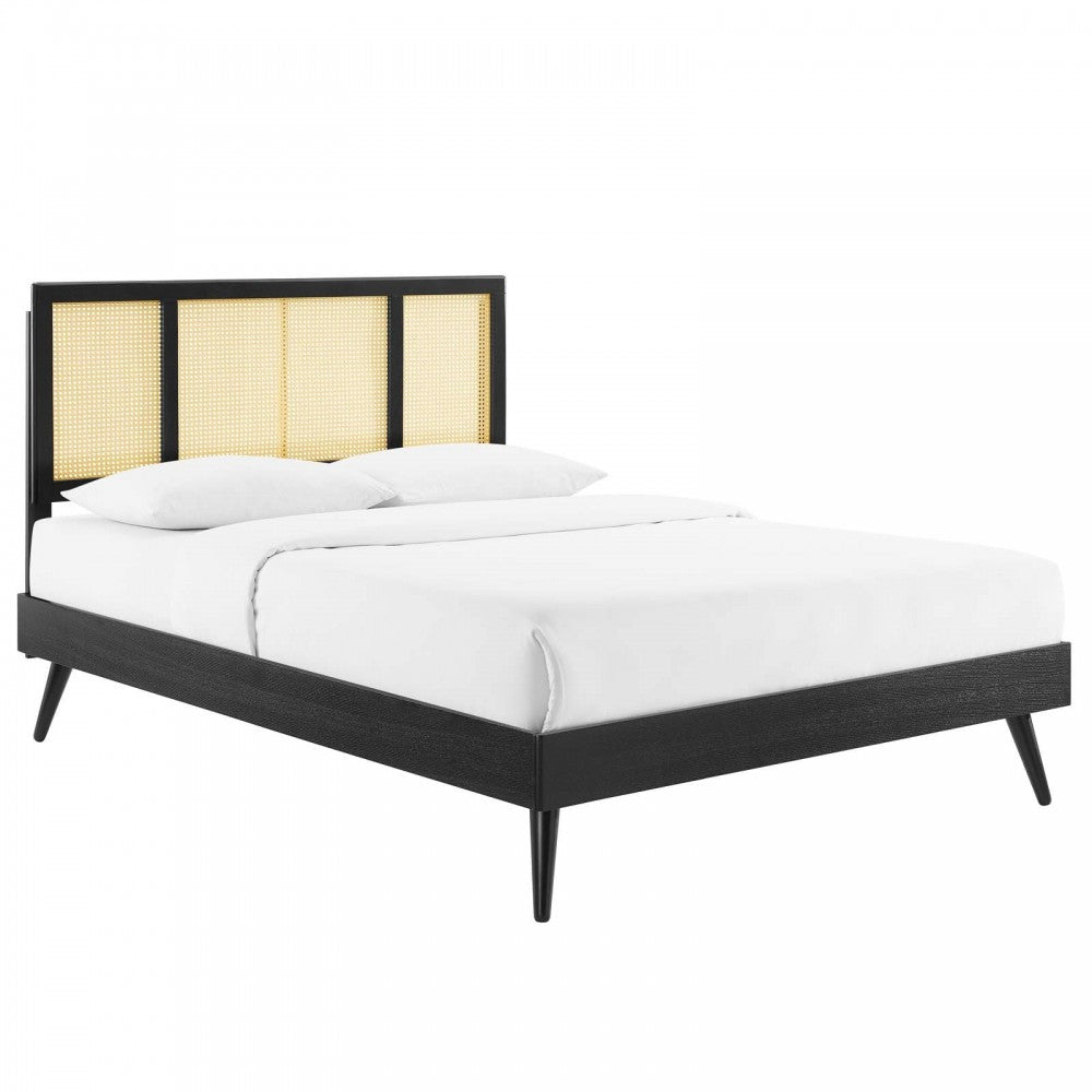 Kelsea Cane and Wood King Platform Bed With Splayed Legs, Black