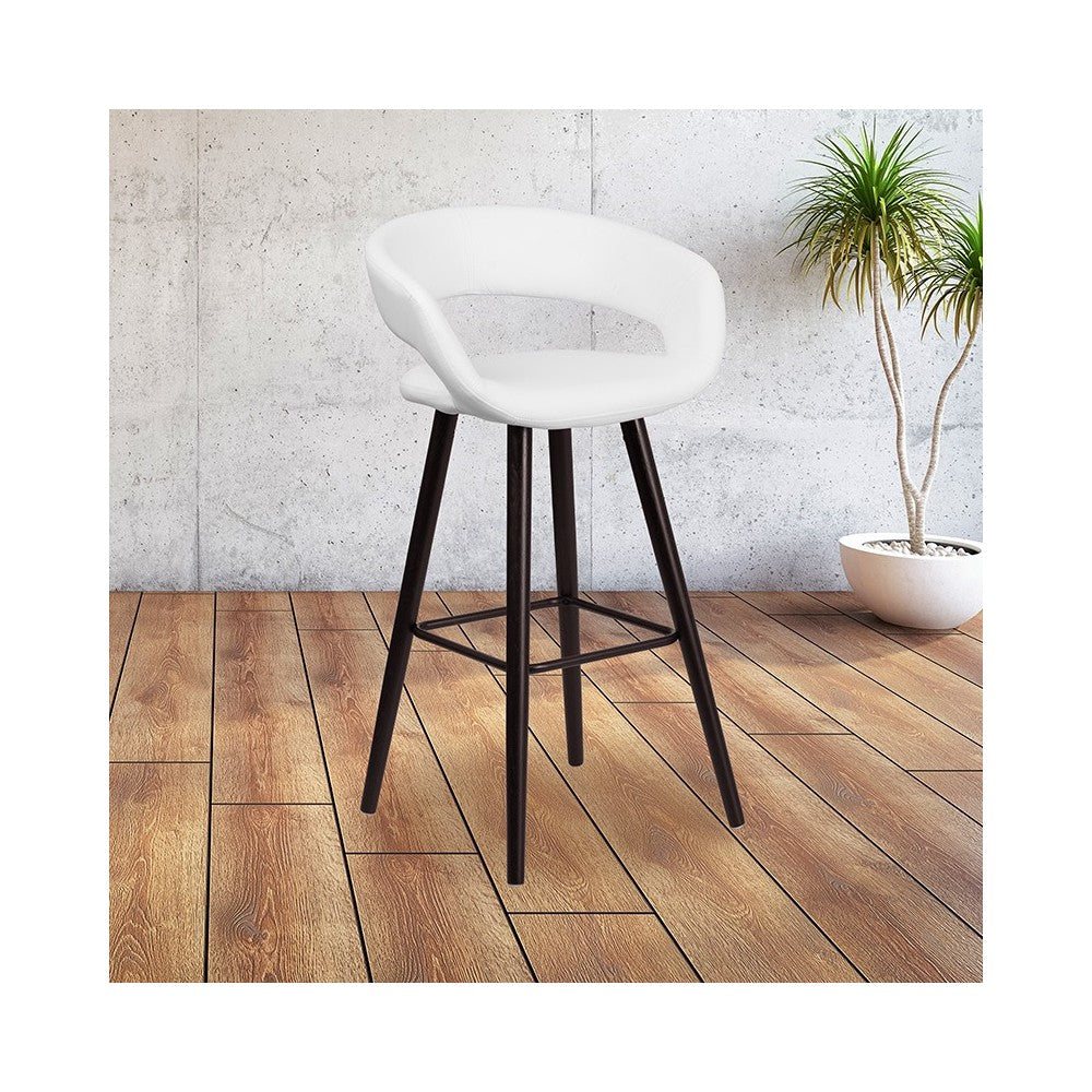 Kelsey Series 24'' High Contemporary Cappuccino Wood Counter Height Stool in White Vinyl