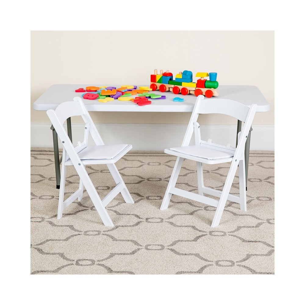 Kids White Resin Folding Chair with White Vinyl Padded Seat