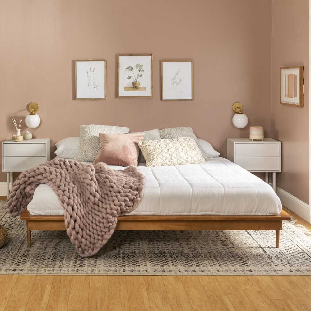 King Mid Century Modern Solid Wood Platform Bed - Caramel