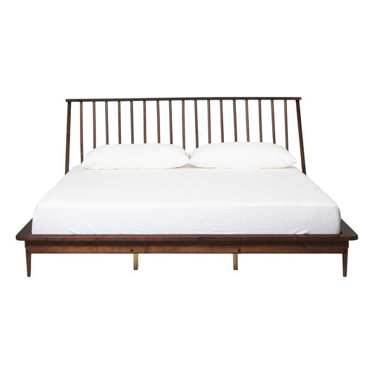 King Mid Century Modern Solid Wood Spindle Platform Bed - Walnut