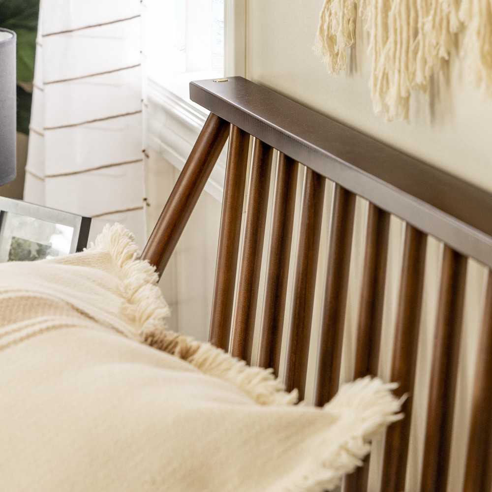 King Mid Century Modern Solid Wood Spindle Platform Bed - Walnut