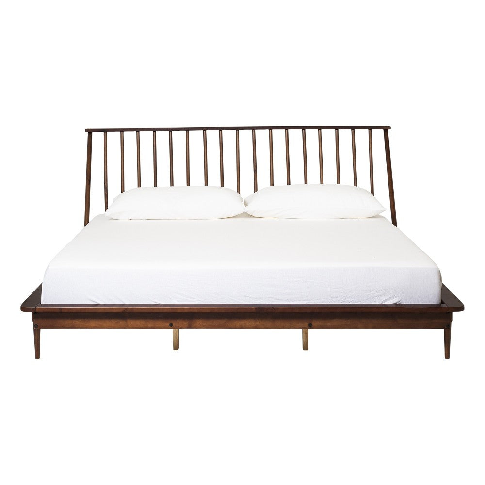 King Mid Century Modern Solid Wood Spindle Platform Bed - Walnut
