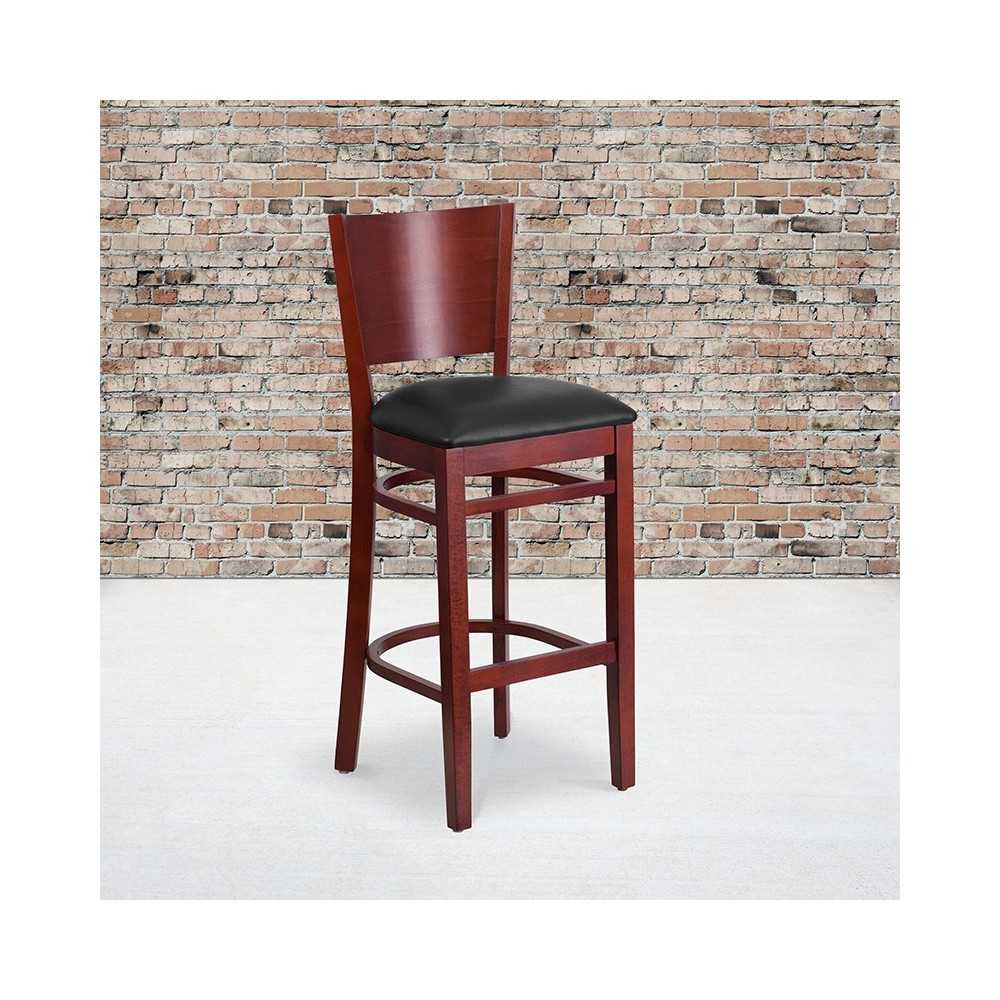 Lacey Series Solid Back Mahogany Wood Restaurant Barstool - Black Vinyl Seat
