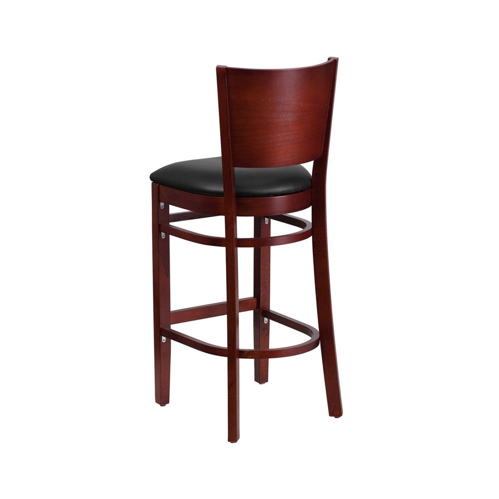 Lacey Series Solid Back Mahogany Wood Restaurant Barstool - Black Vinyl Seat
