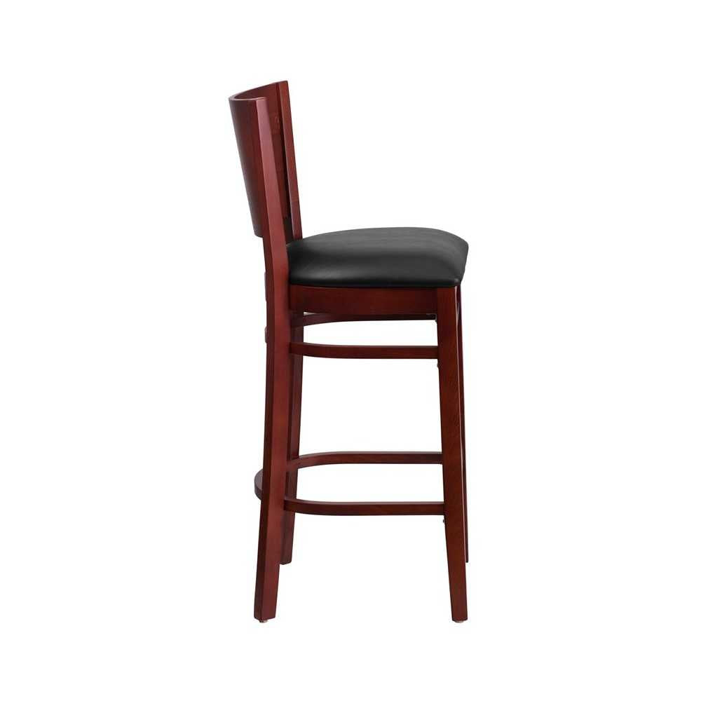 Lacey Series Solid Back Mahogany Wood Restaurant Barstool - Black Vinyl Seat