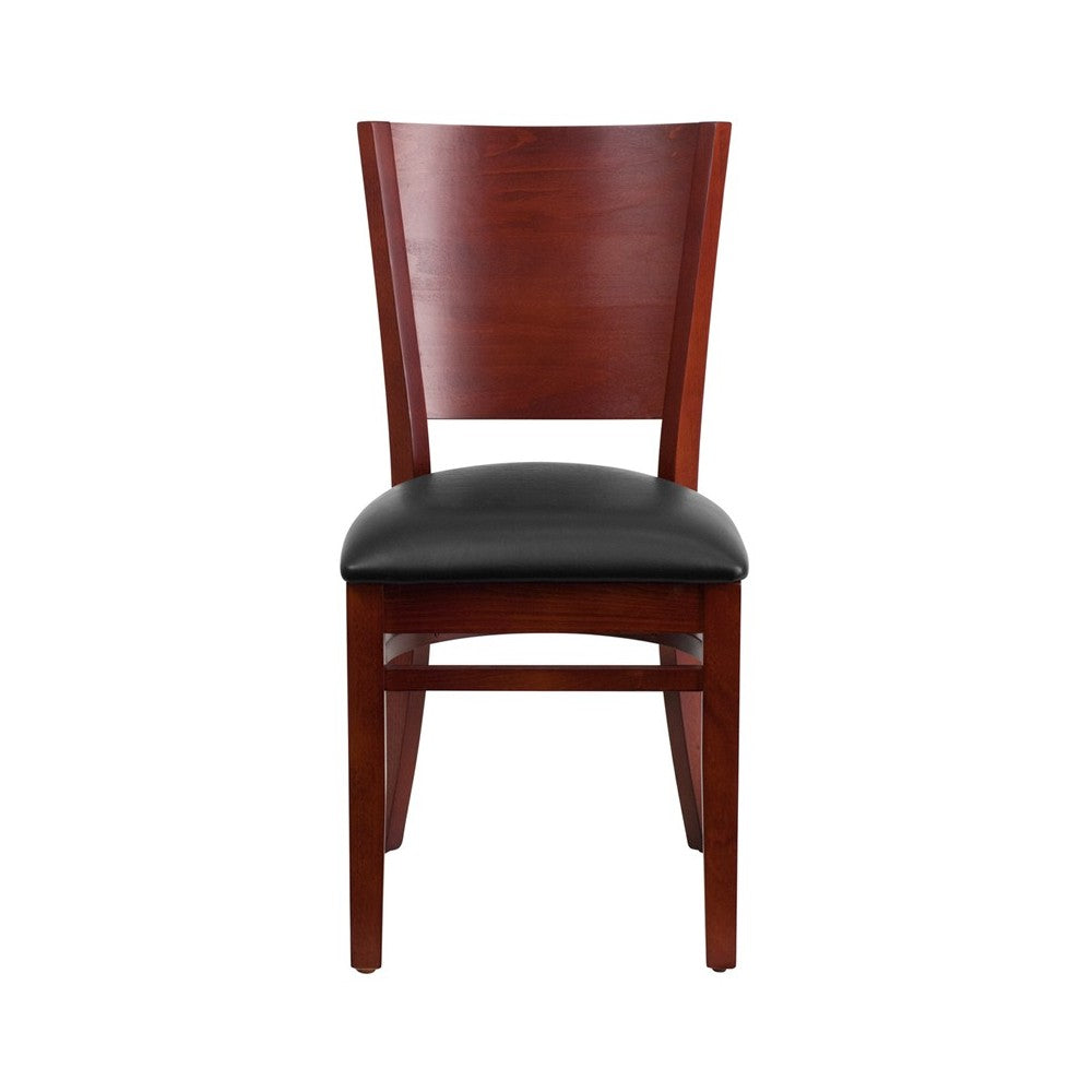 Lacey Series Solid Back Mahogany Wood Restaurant Chair - Black Vinyl Seat