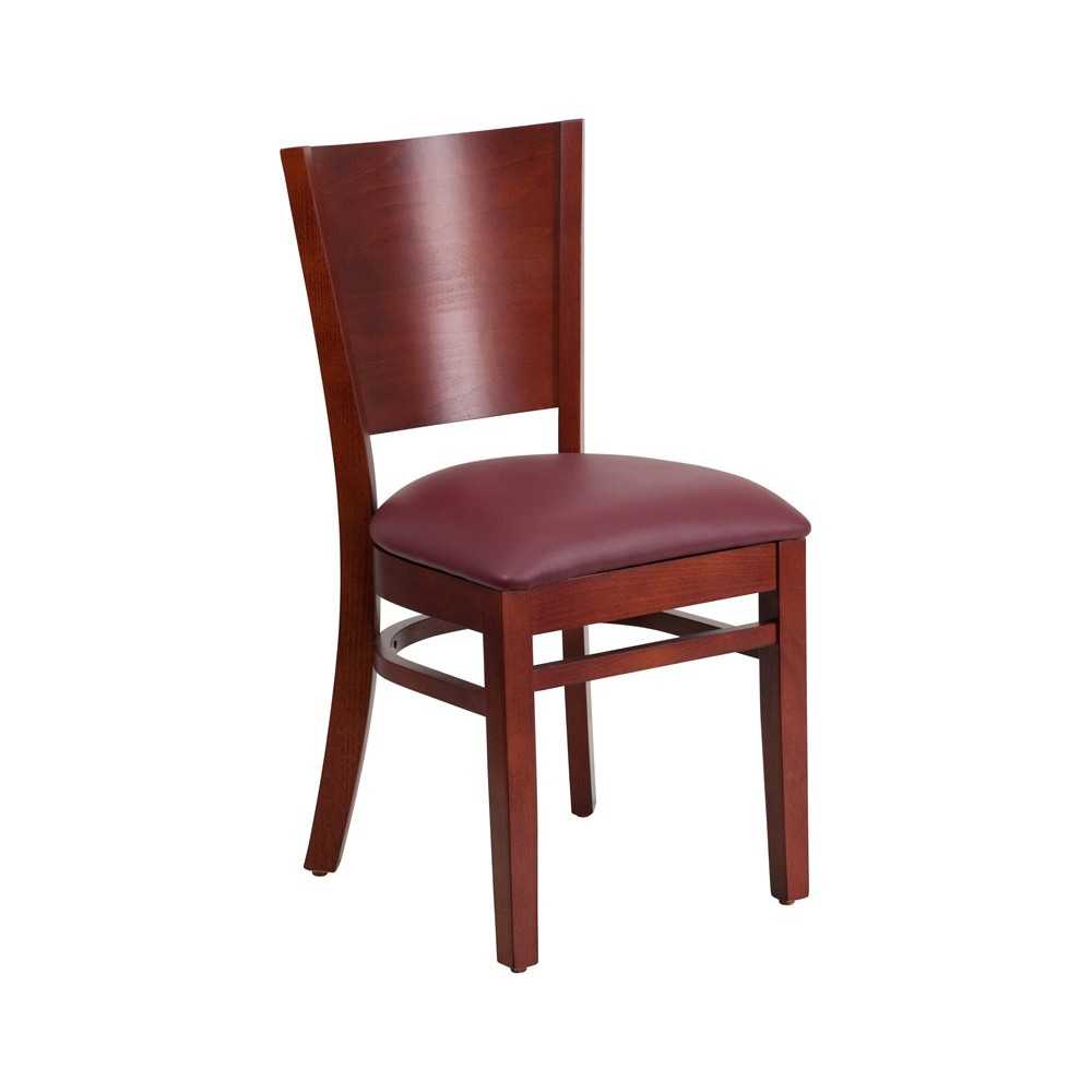 Lacey Series Solid Back Mahogany Wood Restaurant Chair - Burgundy Vinyl Seat
