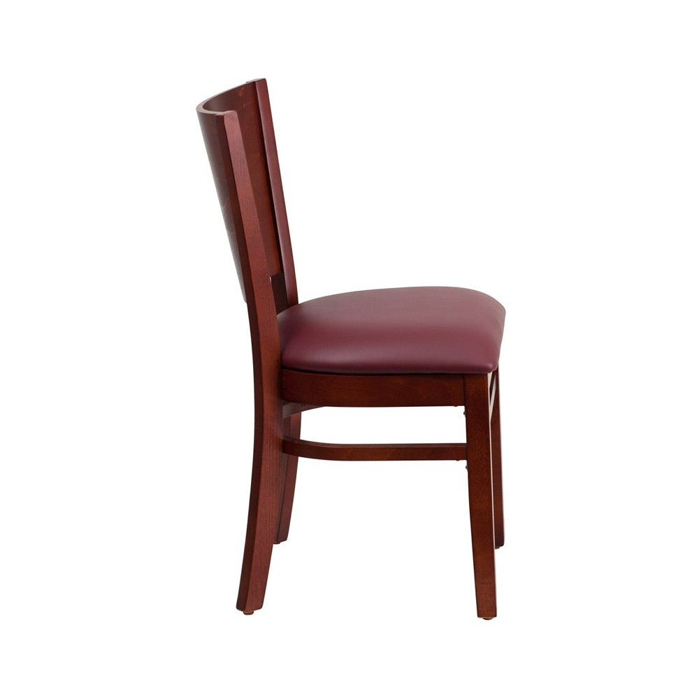 Lacey Series Solid Back Mahogany Wood Restaurant Chair - Burgundy Vinyl Seat
