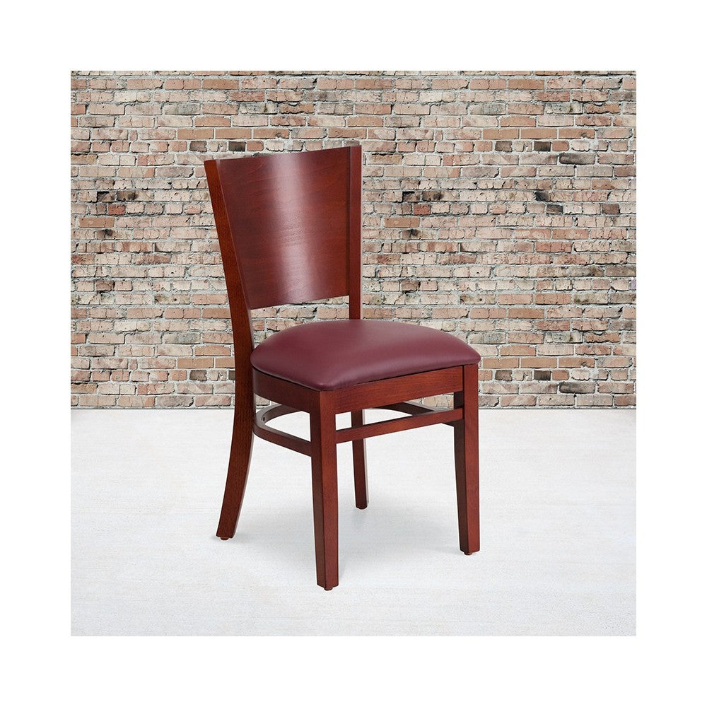 Lacey Series Solid Back Mahogany Wood Restaurant Chair - Burgundy Vinyl Seat