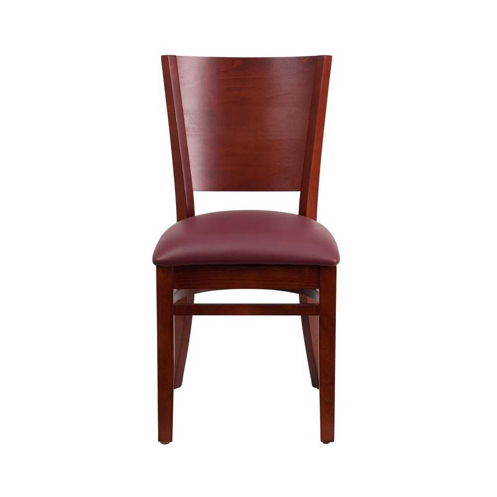 Lacey Series Solid Back Mahogany Wood Restaurant Chair - Burgundy Vinyl Seat