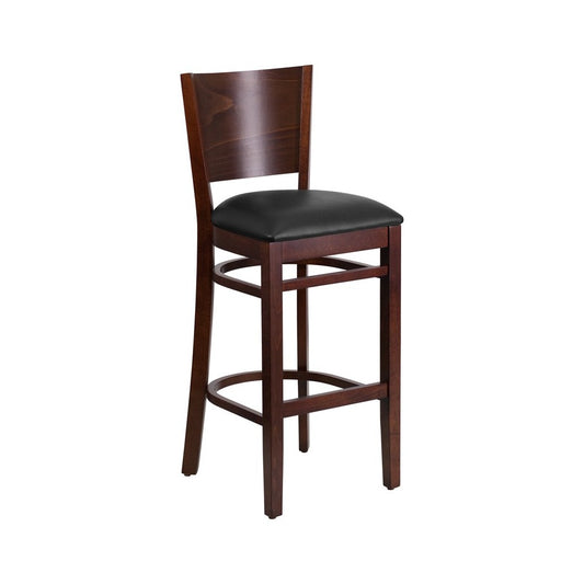 Lacey Series Solid Back Walnut Wood Restaurant Barstool - Black Vinyl Seat