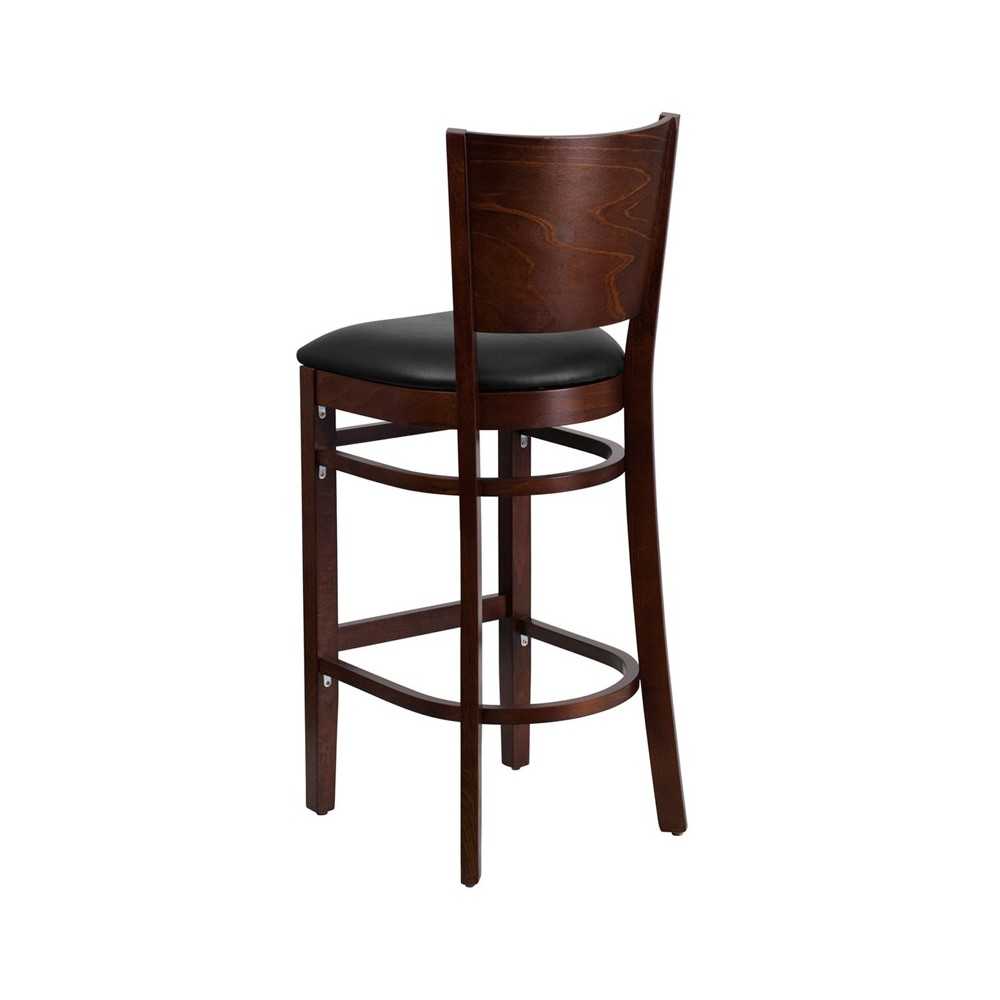 Lacey Series Solid Back Walnut Wood Restaurant Barstool - Black Vinyl Seat